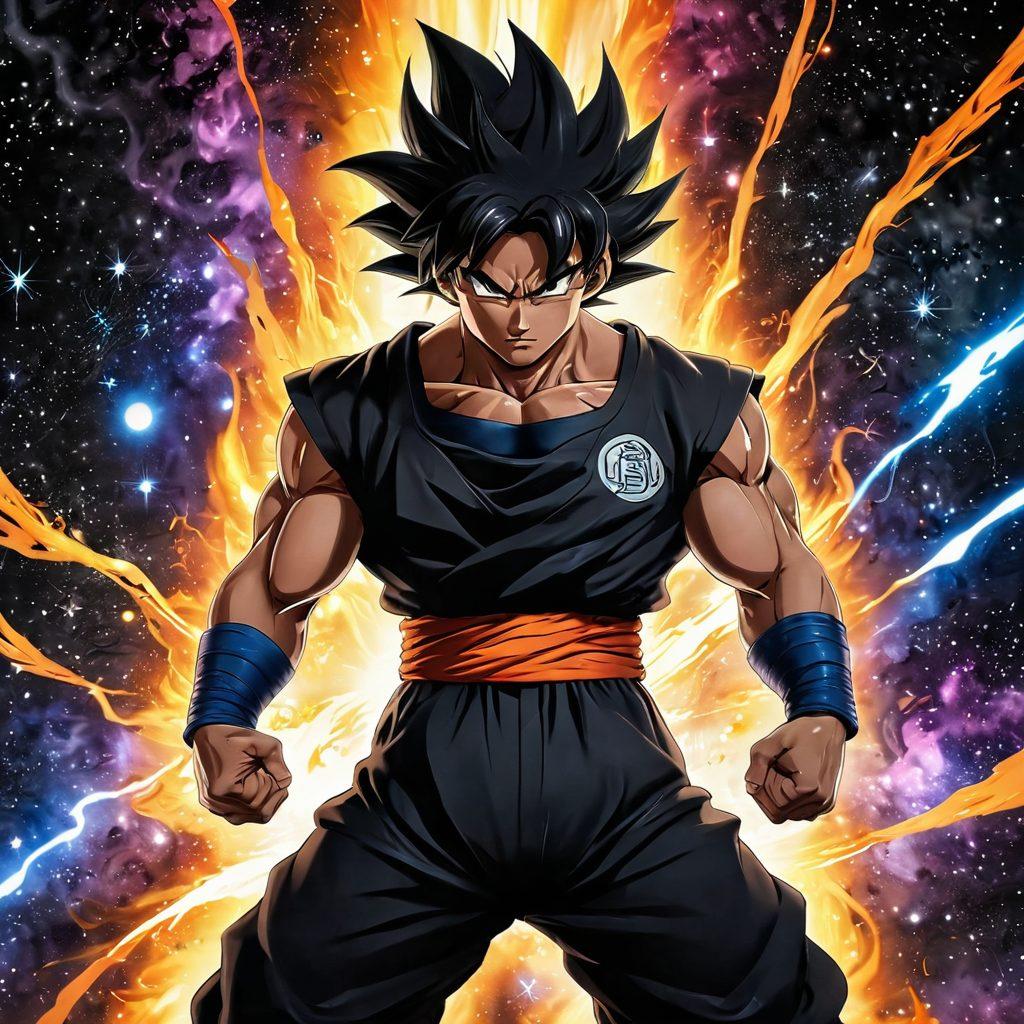 A dynamic illustration of Black Goku with his signature black hair and fierce expression, standing in a dramatic pose amidst swirling energy. Surround him with anime and manga elements like iconic characters, vibrant action scenes, and collectibles that represent geek culture, all set against a cosmic background filled with stars and galaxies. The composition should evoke energy and excitement, capturing the essence of anime fandom. vibrant colors. 3D style.