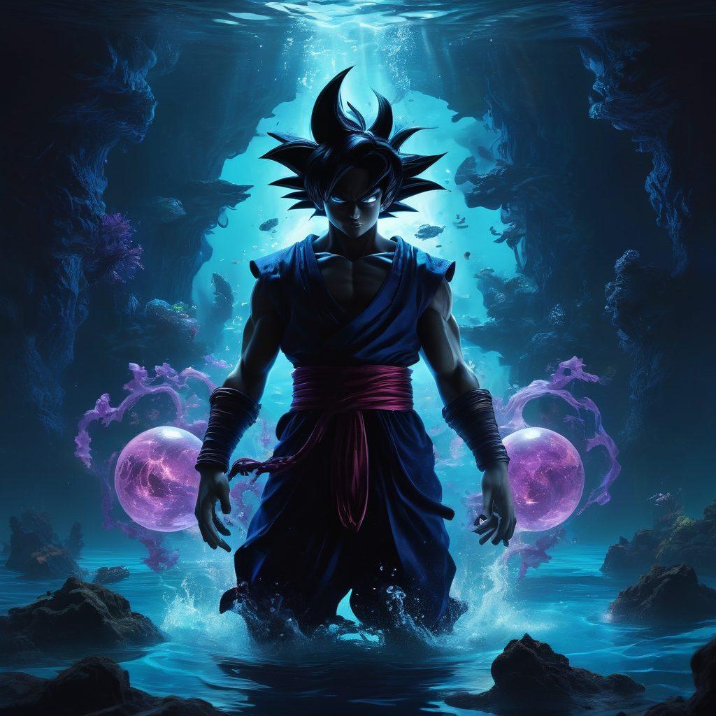 A dark, mysterious underwater scene depicting Black Goku surrounded by swirling energies and shadowy figures representing fan theories. Include mythical artifacts and glowing orbs that symbolize character analysis, with rich, contrasting colors to evoke intrigue. The background should be a blend of deep blues and purples to enhance the depth of the ocean theme. super-realistic. vibrant colors. mystical atmosphere.