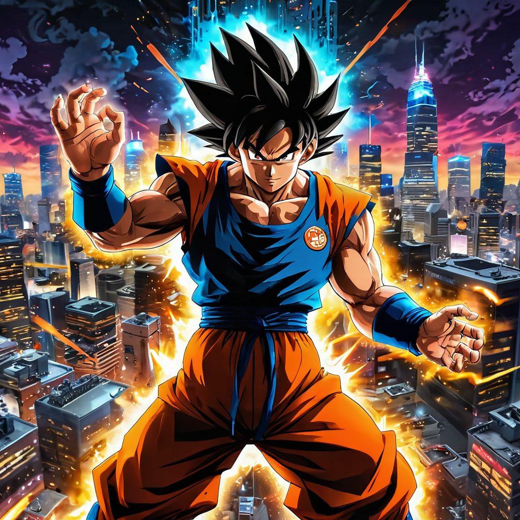 An epic illustration showcasing Black Goku in a dynamic action pose, surrounded by iconic geek culture elements like comic books, video game controllers, and anime figures. The background features a vibrant city skyline with bursts of energy radiating from Goku. Incorporate a mix of traditional Japanese art style and modern digital art techniques to highlight the fusion of cultures. The color palette should be bold and striking, emphasizing Goku's powerful aura. super-realistic. vibrant colors. dynamic composition.